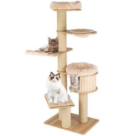 Modern Tall Cat Tree Tower with Scratch Posts and Washable Mats-Beige - Color: Beige