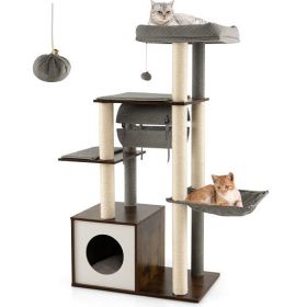 53 Inch Cat Tree with Condo and Swing Tunnel-Gray - Color: Gray